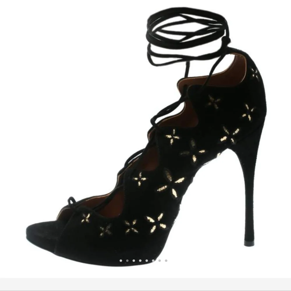 ALAIA |New in Box Black Suede w/Metallic Gold Floral Trim Open Toe Pumps S… - Picture 1 of 16